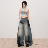 Women's Distressed Slash Denim Pants Spray Painted Vintage Loose Wide Leg Trousers