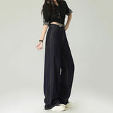 Women's Dark Blue Wide-Leg Jeans Loose High-Waist Straight Pants Floor-Length Trousers