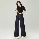 Women's Dark Blue Wide-Leg Jeans Loose High-Waist Straight Pants Floor-Length Trousers