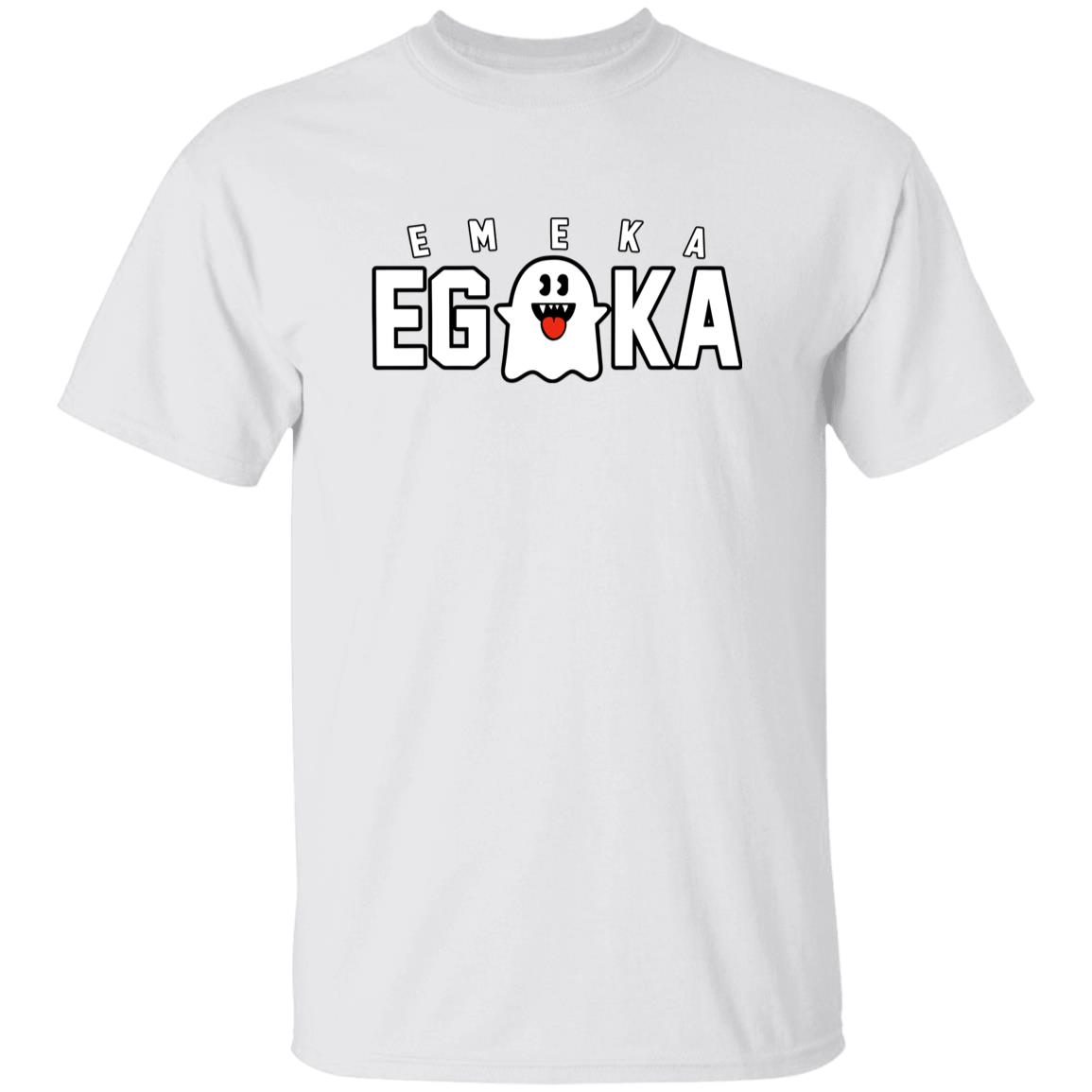 White t-shirt with 'EMEKA EGOKA' text and a logo on a white background
