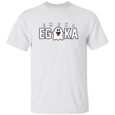 White t-shirt with 'EMEKA EGOKA' text and a logo on a white background