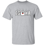Gray t-shirt with 'EMEKA EGOKA' text and ghost graphic on a white background