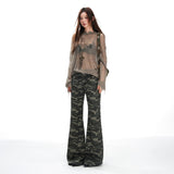 Casual Camouflage Flared Cargo Pants for Women Low Waist Wide Leg Jeans Long Style