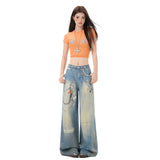Chain Print Denim Pants Women's Casual Hip-hop Style Loose Wide Leg Tapered Fit Pants