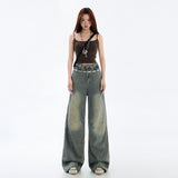 Blue Wide Leg Jeans Deconstructed Design Straight Leg Denim Pants for Women