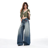 Loose Wide-Leg Denim Pants for Women with Vintage Embroidery and Stud Details,