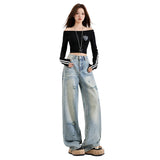 Denim Pants Spring New Washed Distressed Floor-Length Wide Straight Leg Pants for Women