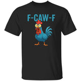 Black t-shirt with a cartoon rooster and 'F-CAW-F' text on a white background