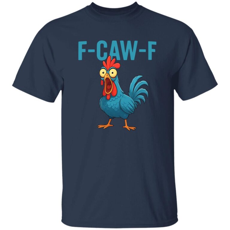 Navy blue t-shirt with a cartoon rooster and 'F-CAW-F' text on a white background