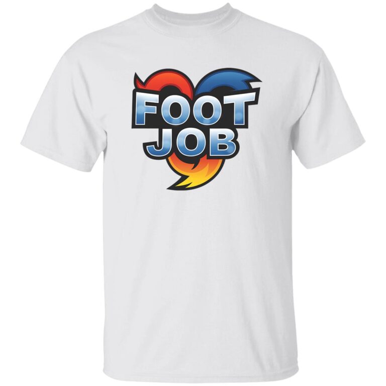 White t-shirt with colorful 'FOOT JOB' graphic design on a white background