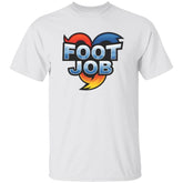 White t-shirt with colorful 'FOOT JOB' graphic design on a white background