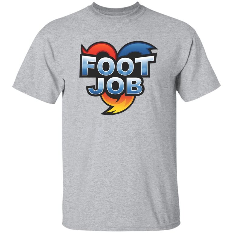Gray t-shirt with colorful 'FOOT JOB' graphic on a white background