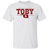 White t-shirt with 'Forever a Sooner Toby' text and Oklahoma Sooners logo on a white background