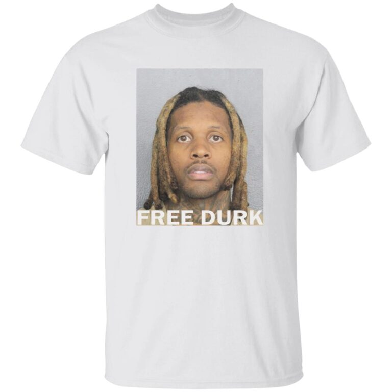 White t-shirt with a graphic of a person with dreadlocks and the text 'FREE DURK' on a white background