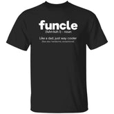 Black t-shirt with white text defining 'funcle' on a white background