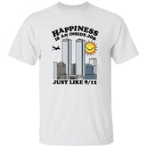 White t-shirt with graphic design and text on a white background