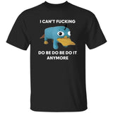 Black t-shirt with a cartoon character and text on a white background
