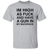 Gray t-shirt with black text on a white background