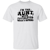 White t-shirt with black text 'I'm the aunt with fiftyeleven nieces & nephews' on a white background
