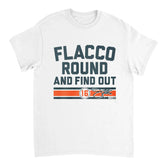 White t-shirt with 'Flacco Round and Find Out' text and number 16 on a white background