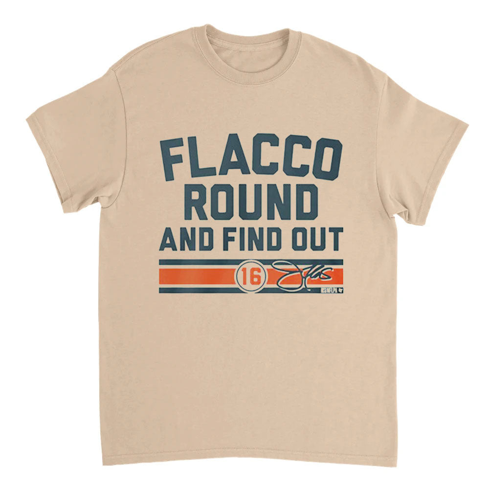 Beige t-shirt with 'Flacco Round and Find Out' text and number 16 on a white background