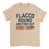 Beige t-shirt with 'Flacco Round and Find Out' text and number 16 on a white background
