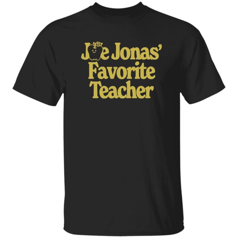 Black t-shirt with 'Joe Jonas Favorite Teacher' text in gold on a white background