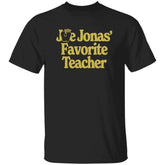 Black t-shirt with 'Joe Jonas Favorite Teacher' text in gold on a white background
