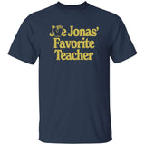 Navy blue t-shirt with 'Joe Jonas Favorite Teacher' text in yellow on a white background