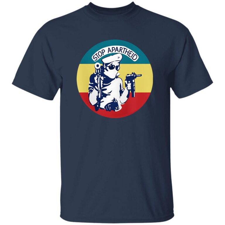Navy blue t-shirt with a graphic design featuring a person in a sailor outfit and text 'Stop Apartheid' on a white background.