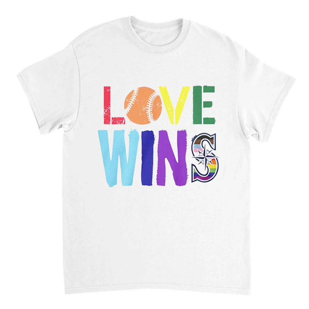 White t-shirt with 'LOVE WINS' text in colorful letters on a white background