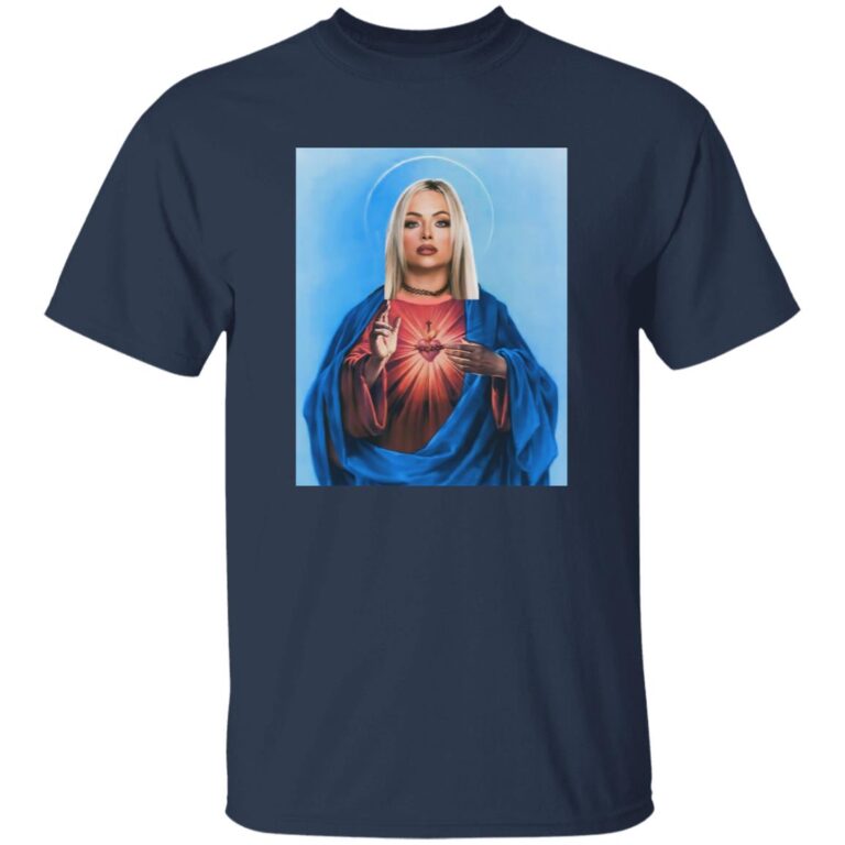 Navy blue t-shirt with a graphic of a person in a blue robe holding a heart on a white background