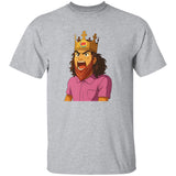 Gray t-shirt with a cartoon character wearing a crown and pink shirt on a white background