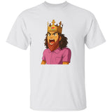 White t-shirt with a graphic of a character wearing a crown and pink shirt on a white background