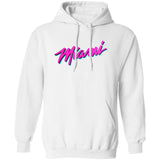 White hoodie with 'Miami' text in pink and blue on a white background
