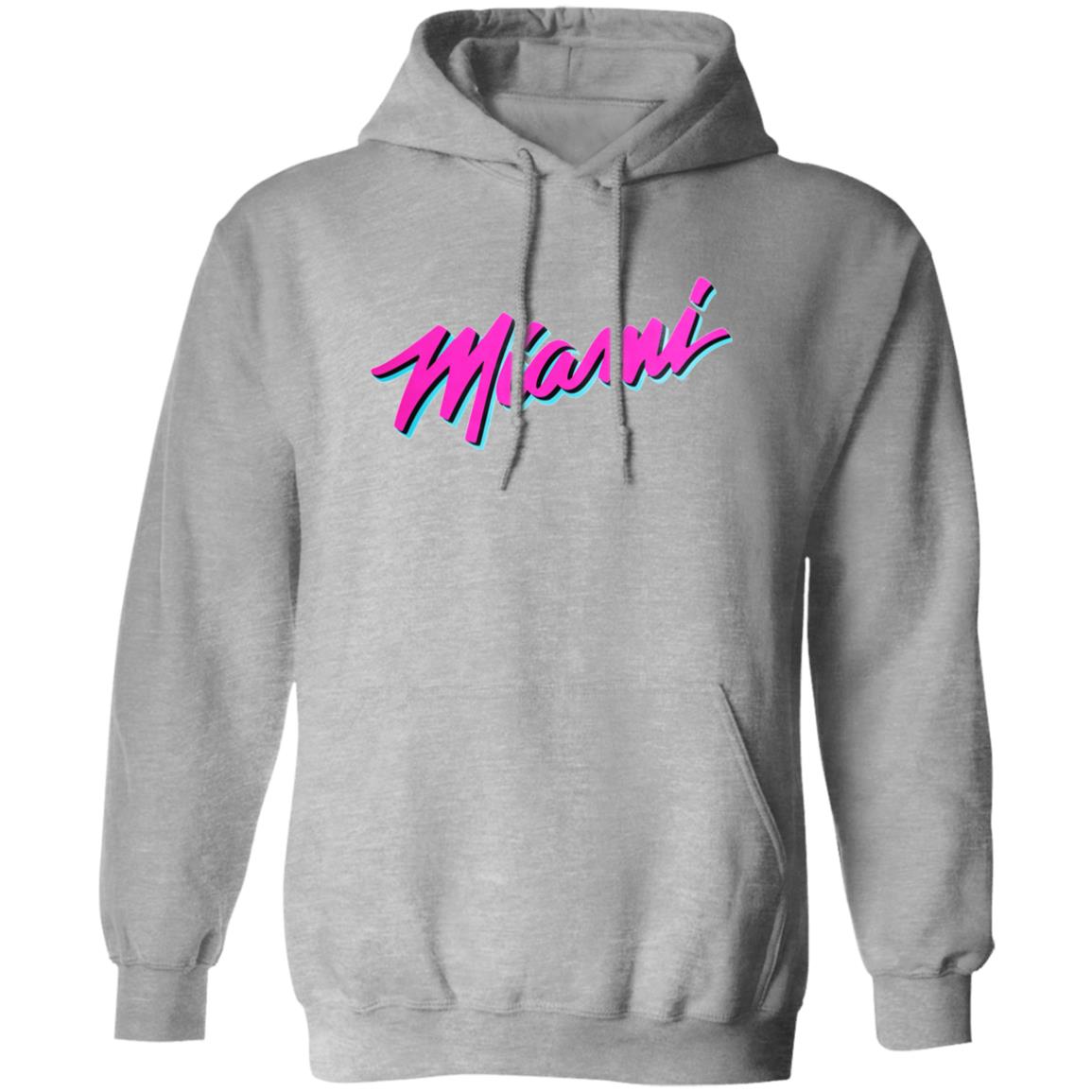 Gray hoodie with 'Miami' text in pink and blue on a white background
