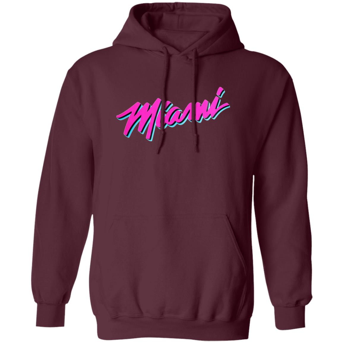 Maroon hoodie with 'Miami' text in colorful letters on a white background