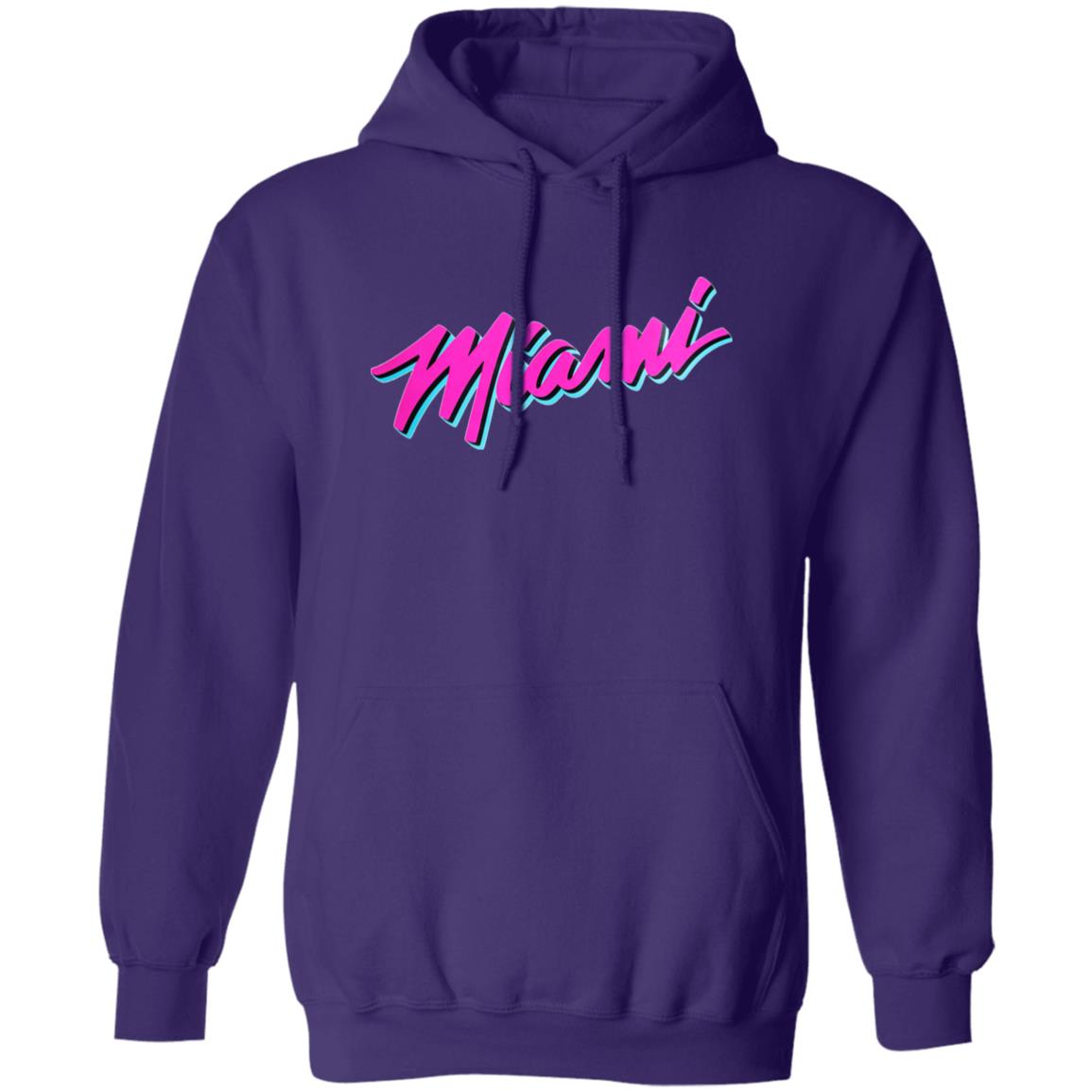 Purple hoodie with 'Miami' text in pink and blue on a white background