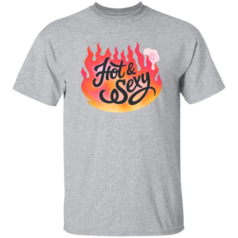 Gray t-shirt with 'Hot & Sexy' design in flames on a white background