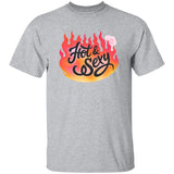 Gray t-shirt with 'Hot & Sexy' design in flames on a white background