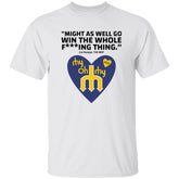 White t-shirt with graphic design and text on a white background