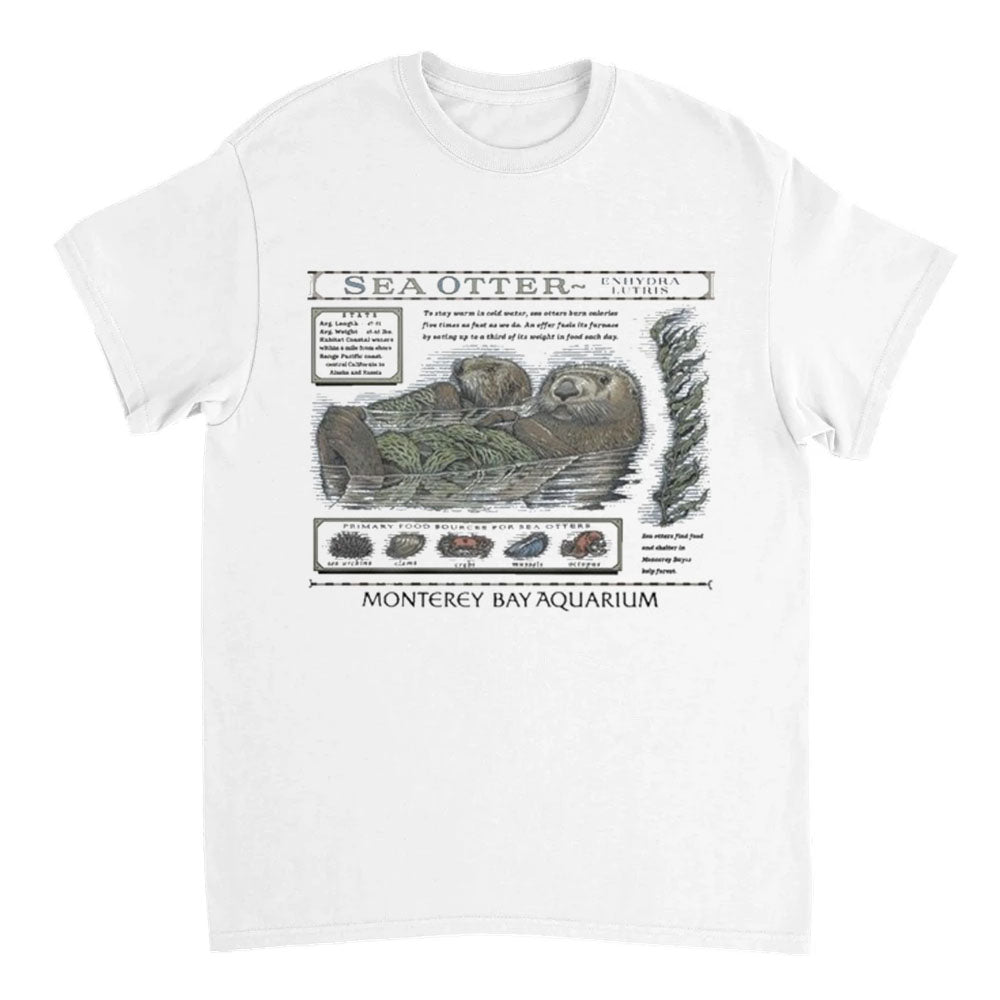 White t-shirt with sea otter graphic and Monterey Bay Aquarium text on a white background
