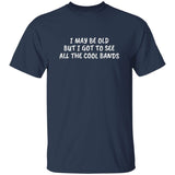 Navy blue t-shirt with white text on a white background