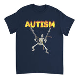 Navy blue t-shirt with a skeleton and 'AUTISM' in flames design on a white background