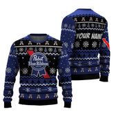 Personalized Pabst Blue Ribbon Pine Tree Snowing Christmas Ugly Sweater