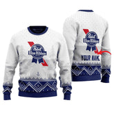 Personalized Pabst Blue Ribbon Winter Reindeer Ugly Sweater