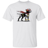White t-shirt with a dog dressed as The Flash graphic design on a white background