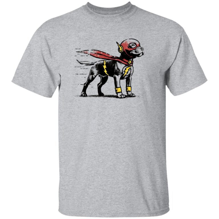 Gray t-shirt with a graphic of a dog dressed as The Flash on a white background