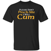 Black t-shirt with yellow and white text on a white background