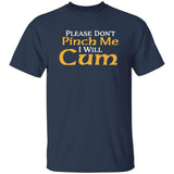 Navy blue t-shirt with yellow and white text on a white background